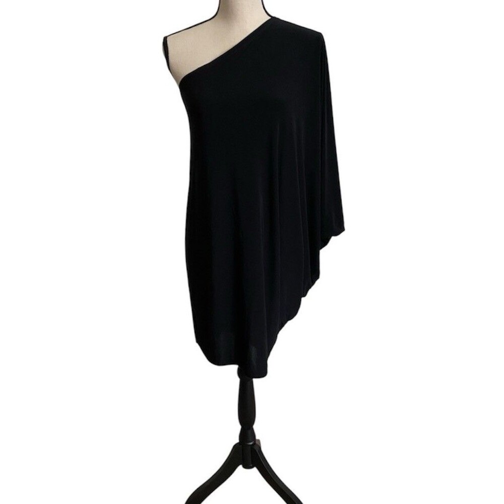 Asymmetric Tunic Top One Shoulder Black Stretchy Ruched Fairy Whimsygoth Y2K